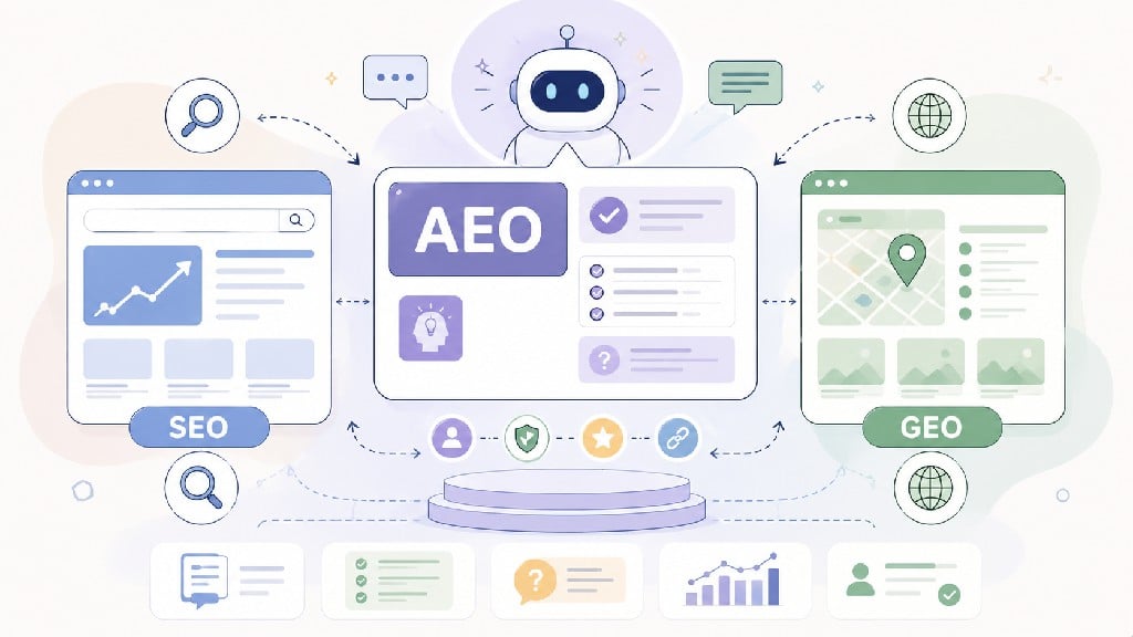 AEO（Answer Engine Optimization）示意圖，展示 AI 搜尋最佳化與 SEO、GEO 的整合策略，包括問答內容、知識圖譜、搜尋引擎與 AI 回答優化。