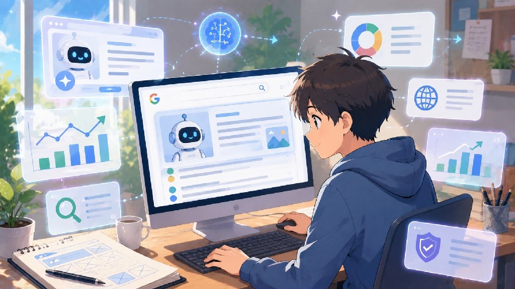 AI Overview 搜尋結果與生成式 AI SEO 優化工作示意圖，展示 AI 回答、搜尋介面與網站內容優化流程。