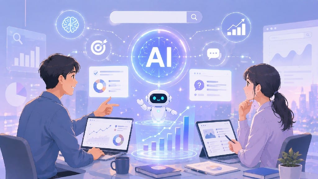 AI SEO 示意圖，展示人工智慧結合 SEO、資料分析、關鍵字研究、搜尋排名優化、內容生成與 AI 搜尋行銷策略。