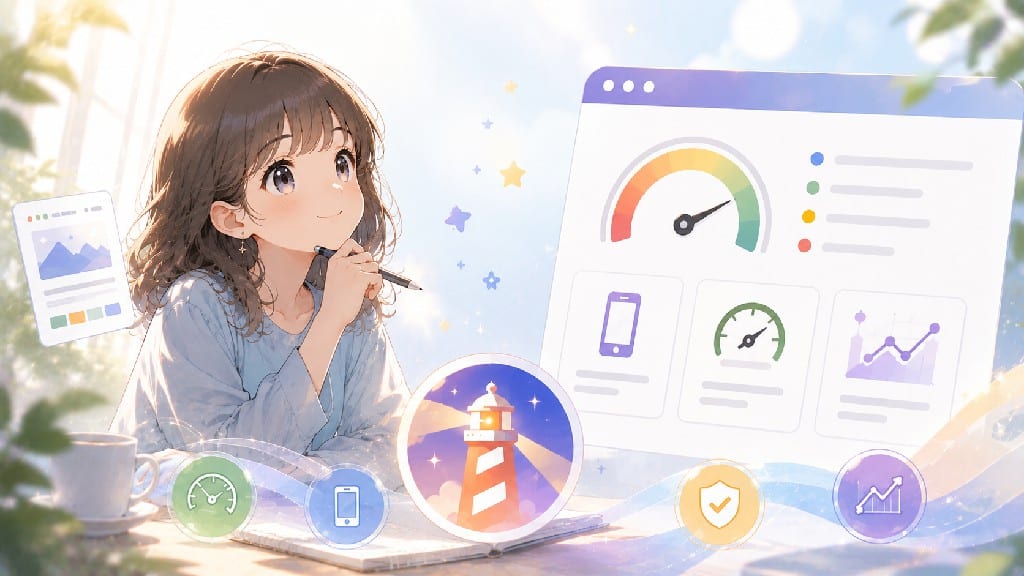Google Lighthouse 網站效能分析示意圖，展示網站速度、SEO 評分、Core Web Vitals、行動裝置體驗與網站最佳化指標。