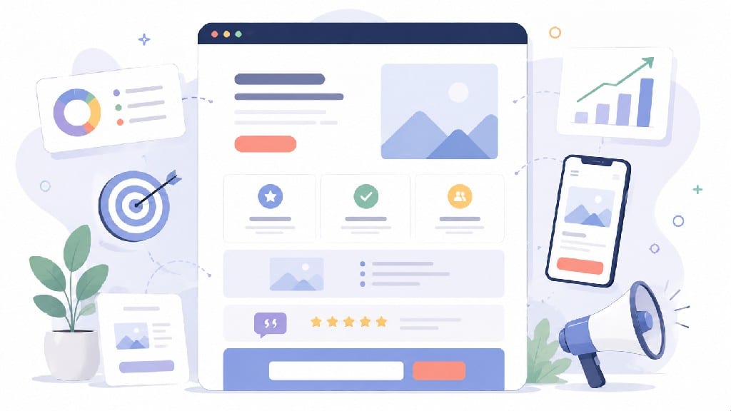 Landing Page 登陸頁設計示意圖，展示轉換流程、CTA 按鈕、行銷頁面、手機版介面與網站轉換率優化重點。