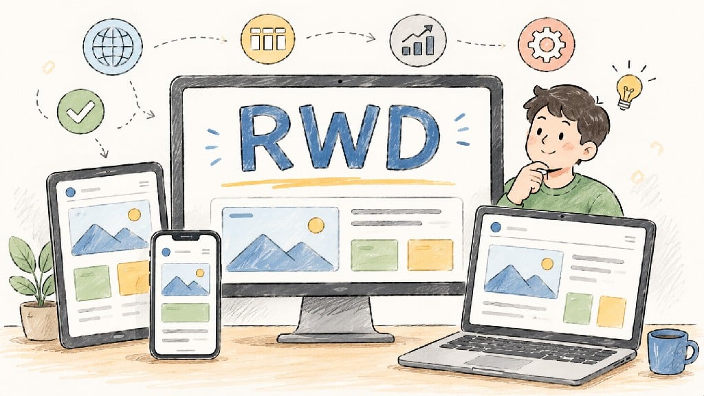 RWD 響應式網頁設計示意圖，展示網站在電腦、平板與手機上的自適應版面，說明 Responsive Web Design 的設計流程與跨裝置瀏覽體驗。