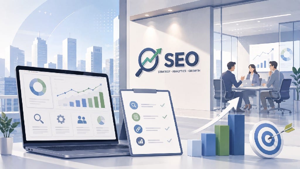 SEO 公司服務示意圖，展示 SEO 顧問團隊、網站分析、搜尋引擎優化策略、關鍵字規劃與網站排名成長流程。