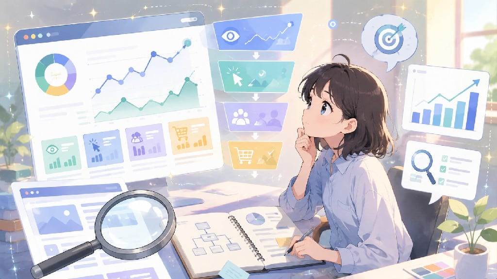 SEO 排名優化示意圖，展示關鍵字分析、網站流量、搜尋排名、使用者行為、網站健檢與 Google SEO 優化策略，說明提升自然搜尋排名的方法。