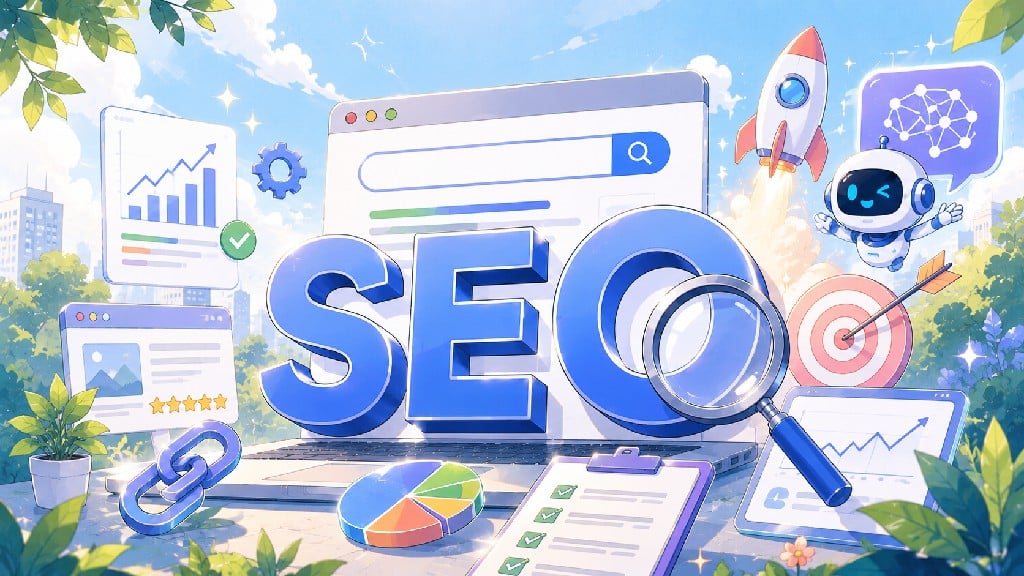 SEO 搜尋引擎優化概念圖，包含關鍵字研究、網站排名、流量成長、連結策略與 AI 搜尋優化元素。