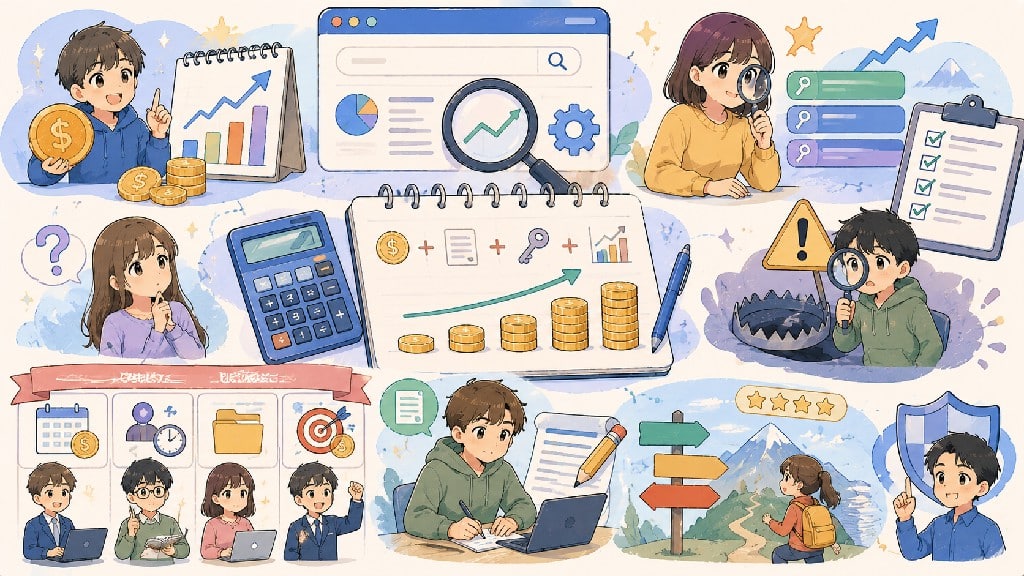 SEO 費用示意圖，展示 SEO 收費方式、成本評估、關鍵字競爭、優化流程、預算規劃與投資報酬率分析。