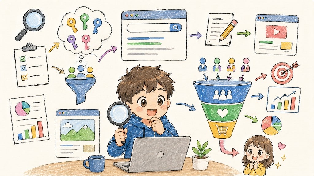 Q版插畫風格展示 SEO 行銷流程，包含關鍵字研究、搜尋引擎優化、內容創作、網站流量、受眾分眾、行銷漏斗、轉換率優化與數據分析，呈現從搜尋曝光到成交轉換的完整網站行銷策略。