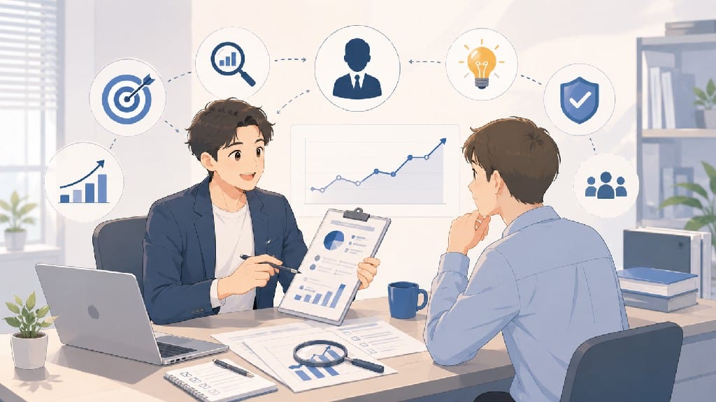 SEO 顧問諮詢示意圖，展示 SEO 顧問與企業討論網站分析、關鍵字策略、流量成長、搜尋排名優化與 SEO 規劃流程。
