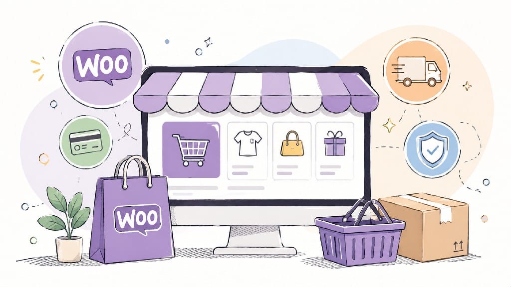 WooCommerce 電商網站示意圖，展示 WordPress 購物網站、商品管理、購物車、金流付款、物流配送與商店功能整合。