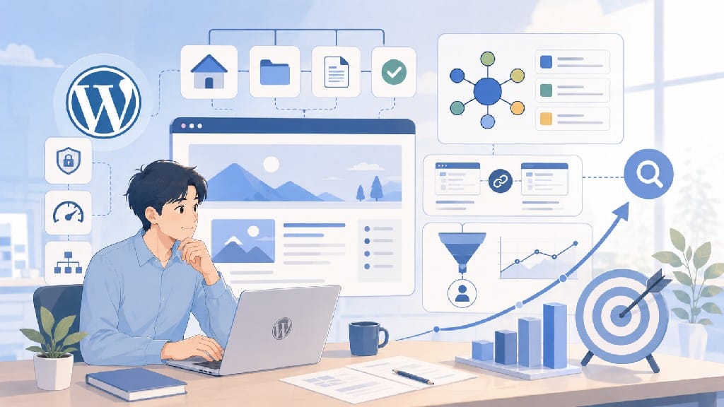 WordPress SEO 示意圖，展示 WordPress 網站架構、網站優化、內部連結、技術 SEO、網站速度、搜尋排名與自然流量成長。