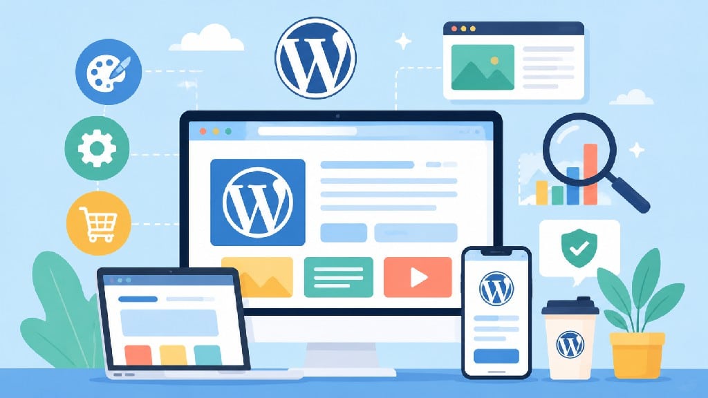 WordPress 網站設計與網站架設示意圖，呈現 RWD、SEO 優化、網站管理與內容建置流程。