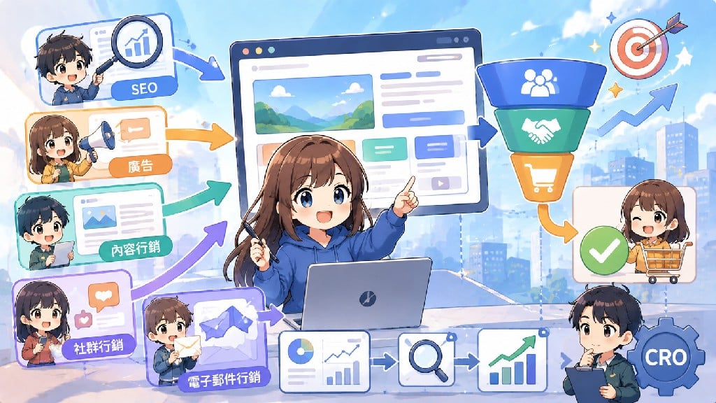網站行銷策略示意圖，以 Q 版動漫風格呈現 SEO、內容行銷、社群行銷、廣告投放、電子郵件行銷與 CRO 轉換優化，共同導入網站流量並提升詢問、成交與整體網站行銷成效。