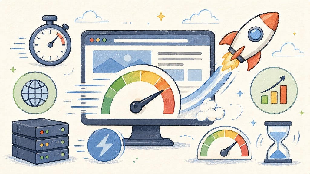 網站速度測試示意圖，展示網站效能分析、PageSpeed Insights、Core Web Vitals、伺服器效能、載入速度、網站優化流程與 SEO 效能提升，呈現網站速度檢測與改善的完整概念。