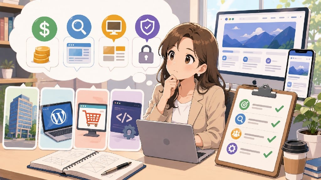 網頁設計公司服務示意圖，展示網站規劃、WordPress 網站、電商網站、客製化開發、網站設計流程、SEO 優化與專案評估。