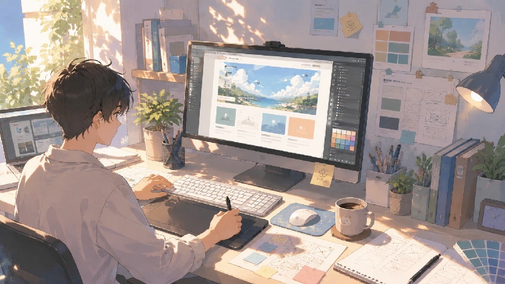 網頁設計師進行網站介面設計與 UI UX 規劃示意圖，展示網站版型設計、原型製作與設計流程。