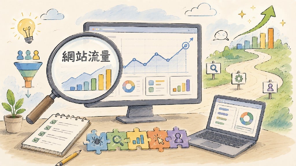 網站流量示意圖，展示網站流量分析、SEO 優化、搜尋引擎排名、內容行銷、使用者成長與自然流量提升策略。